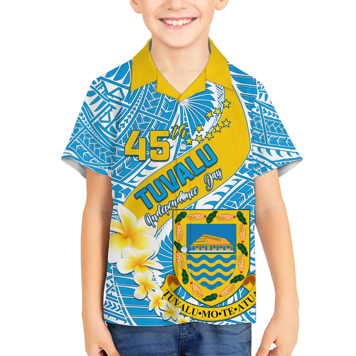 Personalised Tuvalu Independence Day Family Matching Puletasi Dress and Hawaiian Shirt Plumeria 45th Anniversary LT01 Son's Shirt Blue - Polynesian Pride