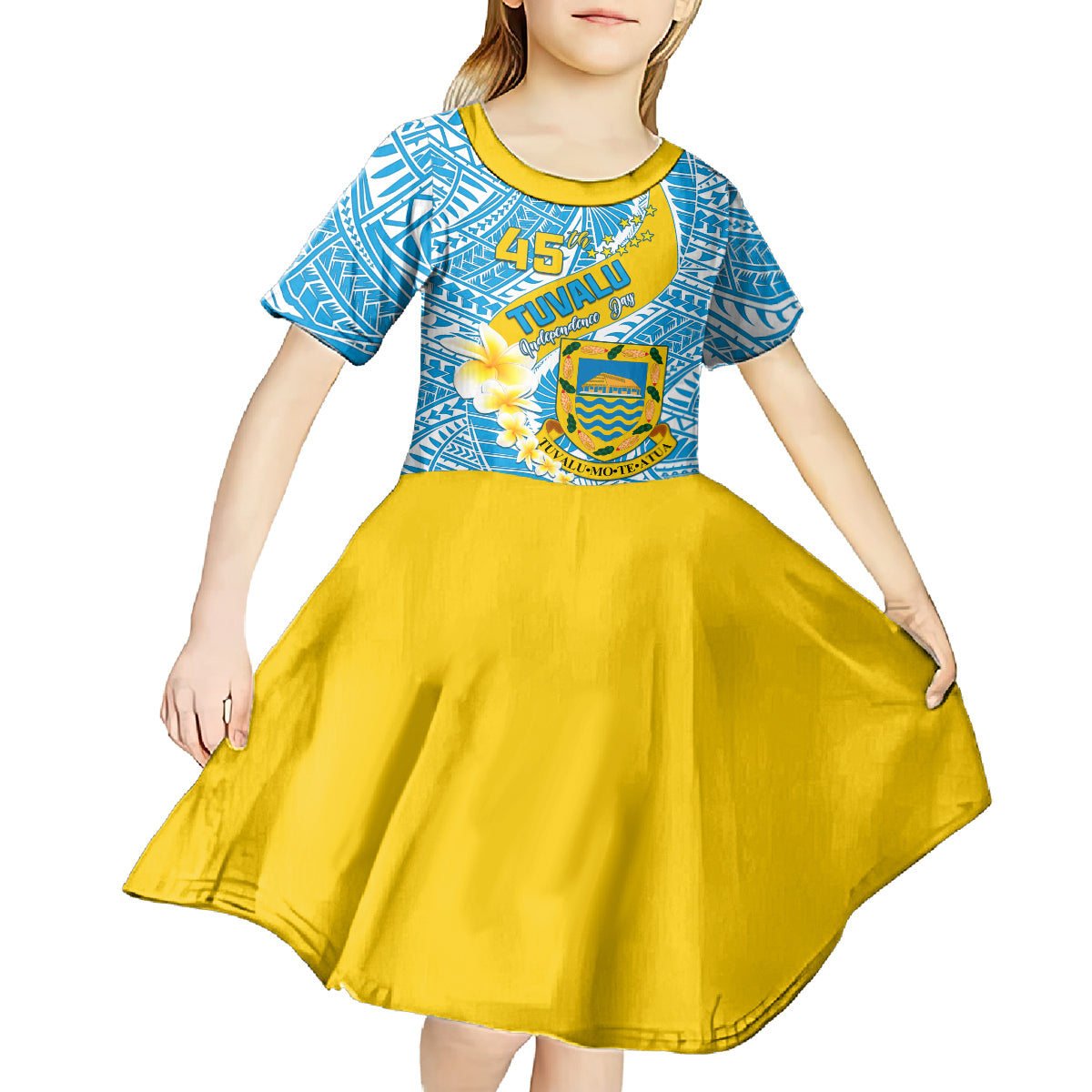 personalised-tuvalu-independence-day-kid-short-sleeve-dress-plumeria-45th-anniversary