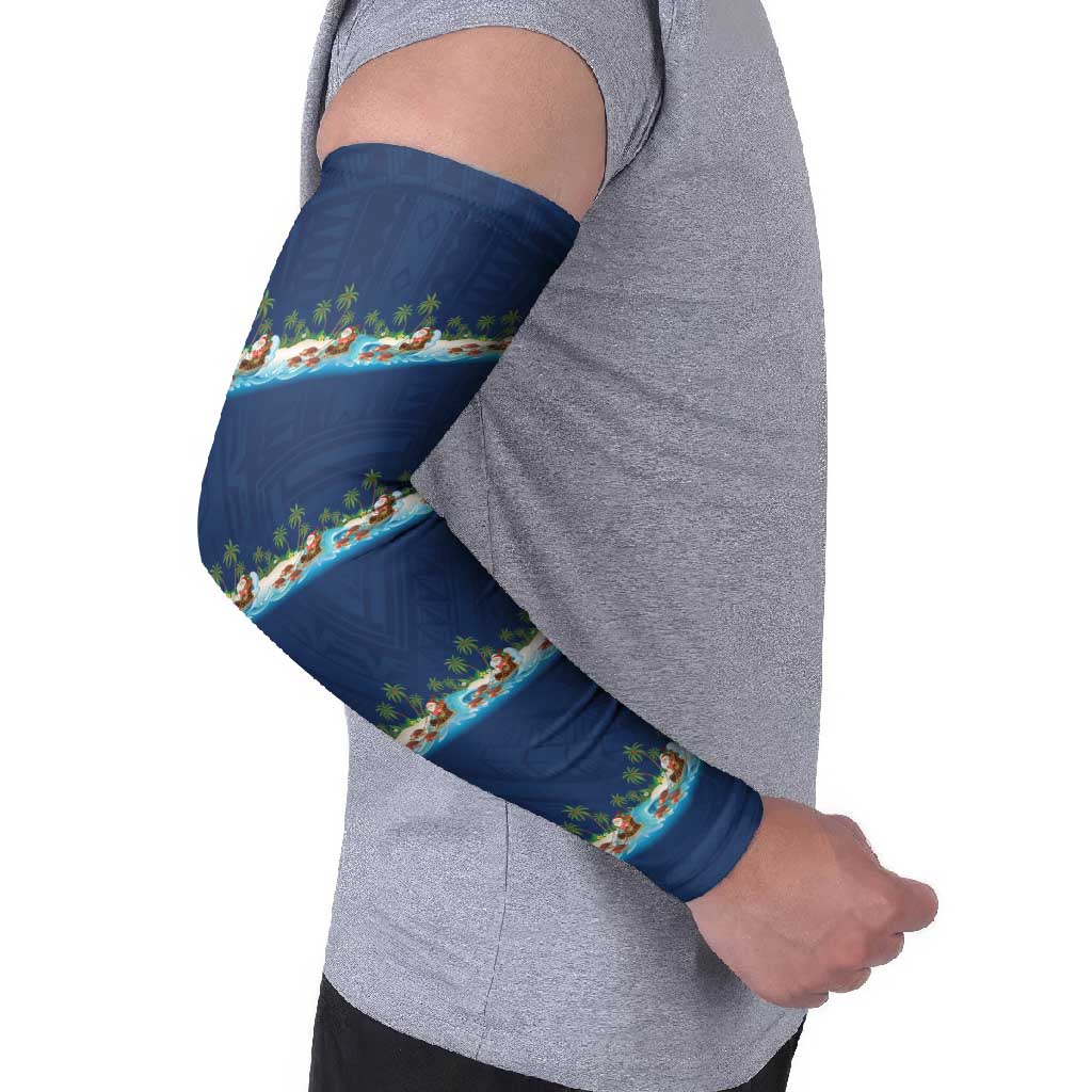 Hawaii Santa Riding Sea Turtle Arm Sleeves Mele Kalikimaka Polynesian Pattern - Polynesian Pride