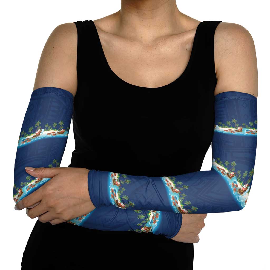 Hawaii Santa Riding Sea Turtle Arm Sleeves Mele Kalikimaka Polynesian Pattern - Polynesian Pride