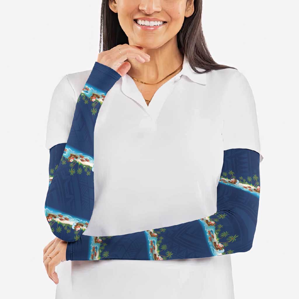 Hawaii Santa Riding Sea Turtle Arm Sleeves Mele Kalikimaka Polynesian Pattern - Polynesian Pride
