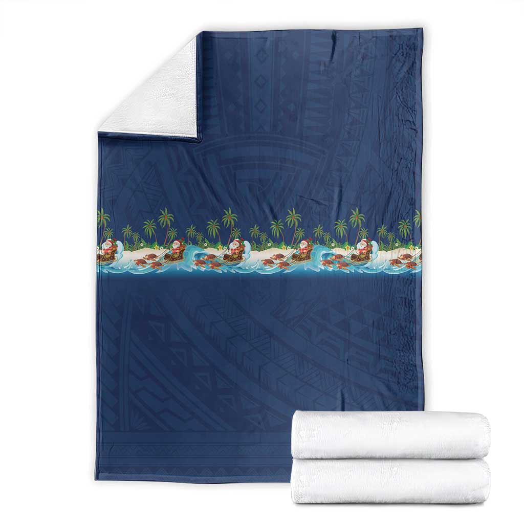 Hawaii Santa Riding Sea Turtle Blanket Mele Kalikimaka Polynesian Pattern - Polynesian Pride