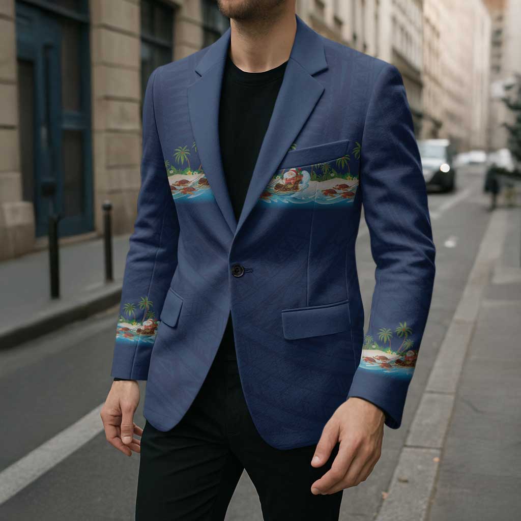 Hawaii Santa Riding Sea Turtle Blazer Mele Kalikimaka Polynesian Pattern - Polynesian Pride