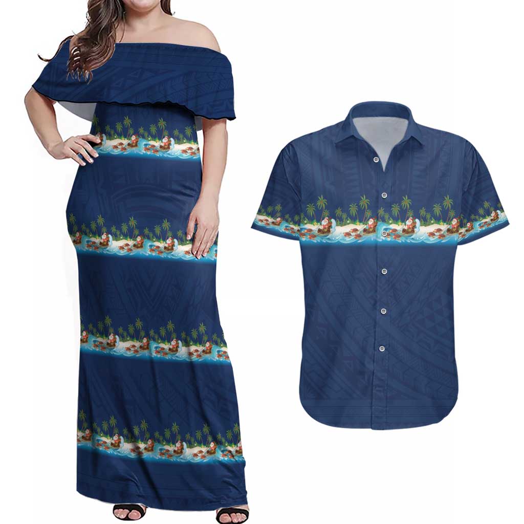 Hawaii Santa Riding Sea Turtle Couples Matching Off Shoulder Maxi Dress and Hawaiian Shirt Mele Kalikimaka Polynesian Pattern LT01 Blue - Polynesian Pride