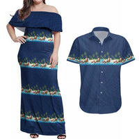 Hawaii Santa Riding Sea Turtle Couples Matching Off Shoulder Maxi Dress and Hawaiian Shirt Mele Kalikimaka Polynesian Pattern LT01 Blue - Polynesian Pride
