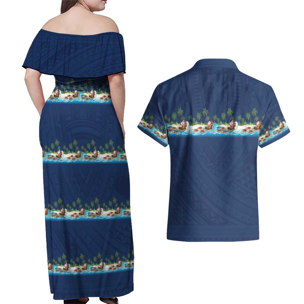Hawaii Santa Riding Sea Turtle Couples Matching Off Shoulder Maxi Dress and Hawaiian Shirt Mele Kalikimaka Polynesian Pattern LT01 - Polynesian Pride