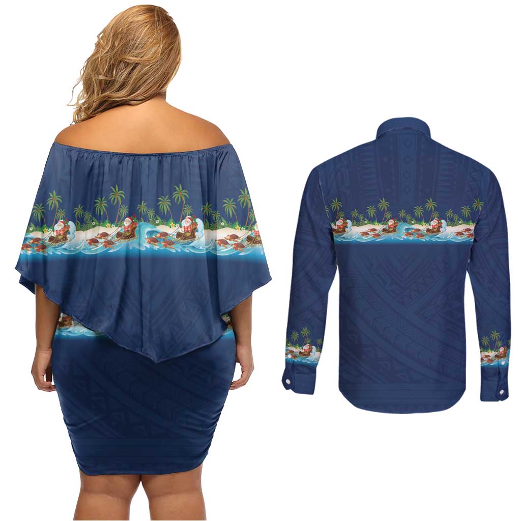 Hawaii Santa Riding Sea Turtle Couples Matching Off Shoulder Short Dress and Long Sleeve Button Shirt Mele Kalikimaka Polynesian Pattern LT01 - Polynesian Pride