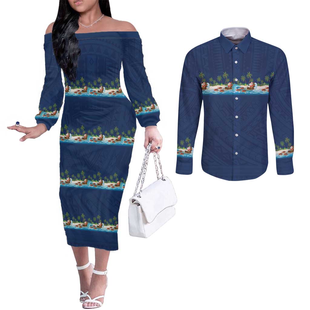 Hawaii Santa Riding Sea Turtle Couples Matching Off The Shoulder Long Sleeve Dress and Long Sleeve Button Shirt Mele Kalikimaka Polynesian Pattern - Polynesian Pride