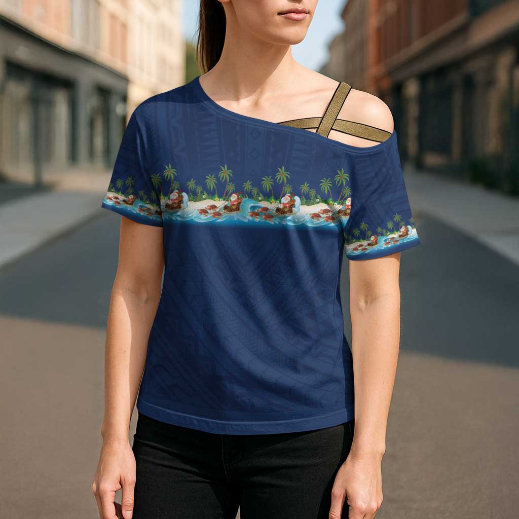 Hawaii Santa Riding Sea Turtle Cross Shoulder Shirt Mele Kalikimaka Polynesian Pattern - Polynesian Pride