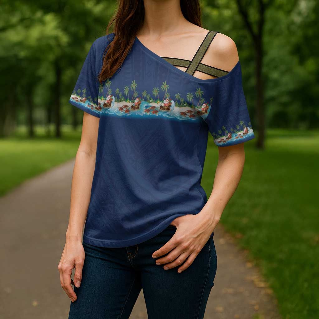 Hawaii Santa Riding Sea Turtle Cross Shoulder Shirt Mele Kalikimaka Polynesian Pattern - Polynesian Pride