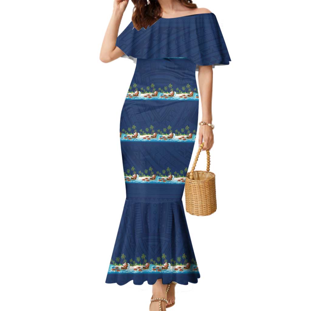 Hawaii Santa Riding Sea Turtle Family Matching Mermaid Dress and Hawaiian Shirt Mele Kalikimaka Polynesian Pattern LT01 Mom's Dress Blue - Polynesian Pride