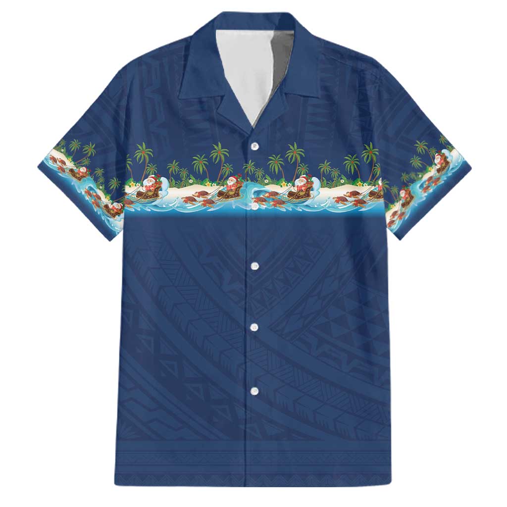 Hawaii Santa Riding Sea Turtle Family Matching Off The Shoulder Long Sleeve Dress and Hawaiian Shirt Mele Kalikimaka Polynesian Pattern LT01 Dad's Shirt - Short Sleeve Blue - Polynesian Pride