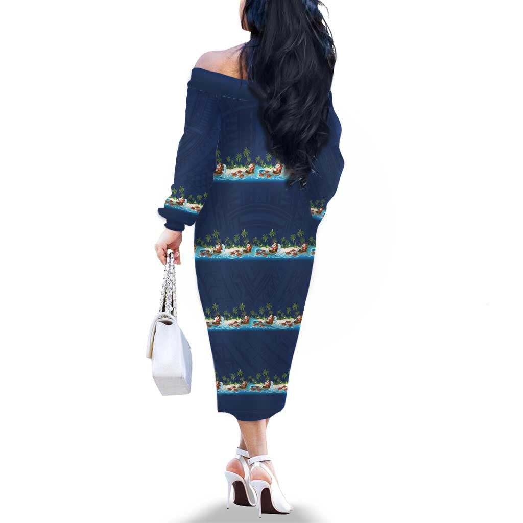 Hawaii Santa Riding Sea Turtle Family Matching Off The Shoulder Long Sleeve Dress and Hawaiian Shirt Mele Kalikimaka Polynesian Pattern LT01 - Polynesian Pride