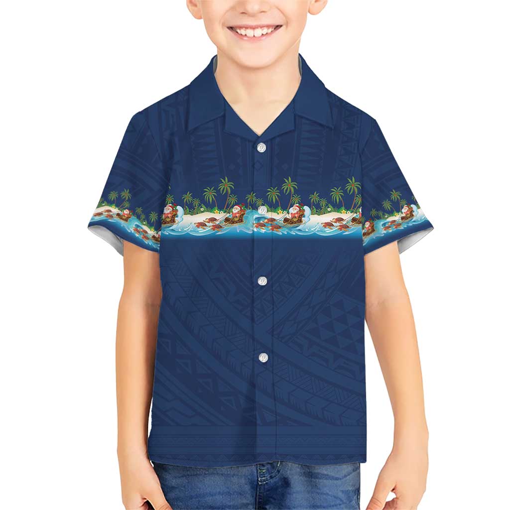 Hawaii Santa Riding Sea Turtle Family Matching Off Shoulder Maxi Dress and Hawaiian Shirt Mele Kalikimaka Polynesian Pattern LT01 Son's Shirt Blue - Polynesian Pride