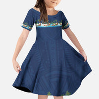 Hawaii Santa Riding Sea Turtle Family Matching Off Shoulder Short Dress and Hawaiian Shirt Mele Kalikimaka Polynesian Pattern LT01 Daughter's Dress Blue - Polynesian Pride