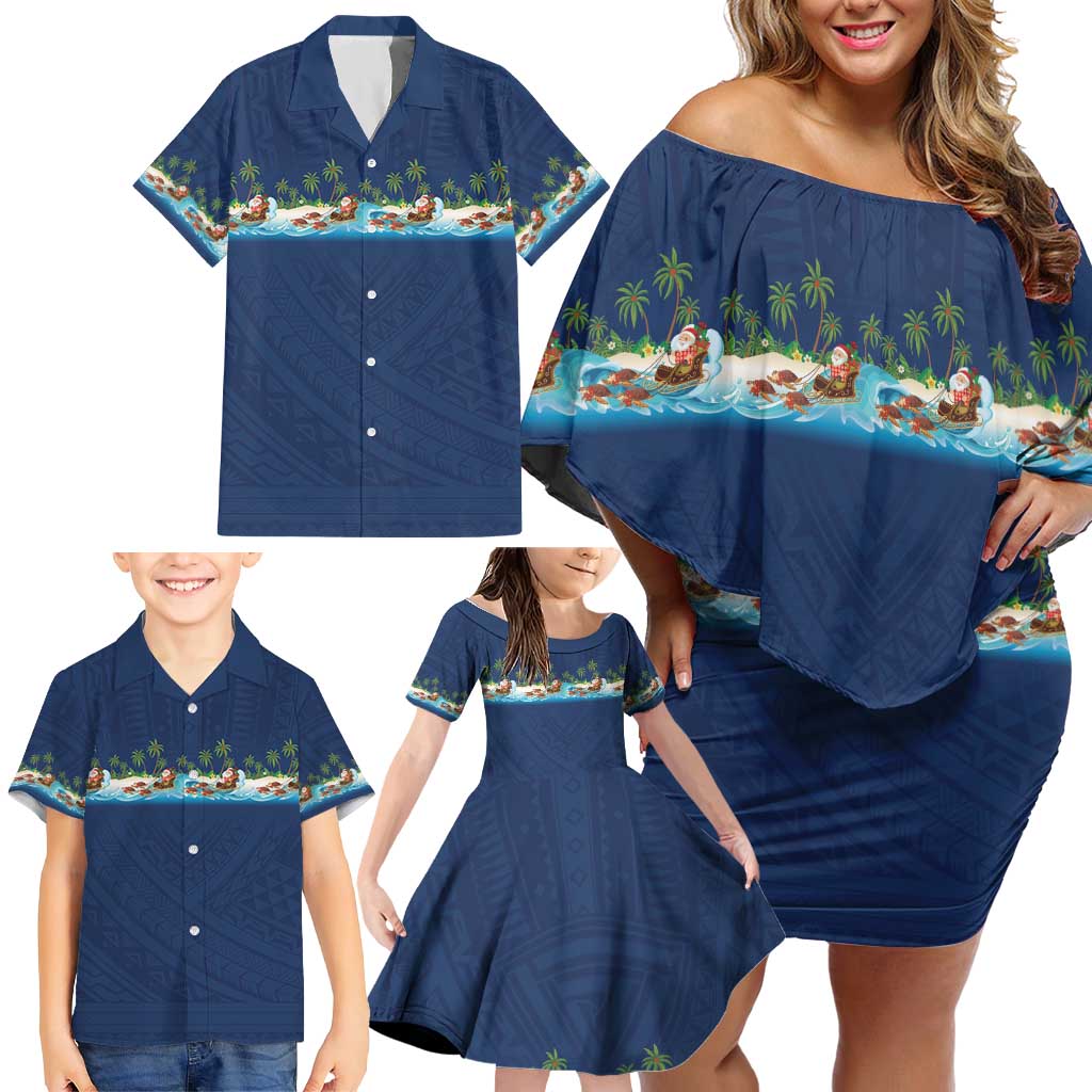 Hawaii Santa Riding Sea Turtle Family Matching Off Shoulder Short Dress and Hawaiian Shirt Mele Kalikimaka Polynesian Pattern - Polynesian Pride