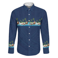 Hawaii Santa Riding Sea Turtle Family Matching Off Shoulder Short Dress and Hawaiian Shirt Mele Kalikimaka Polynesian Pattern LT01 Dad's Shirt - Long Sleeve Blue - Polynesian Pride
