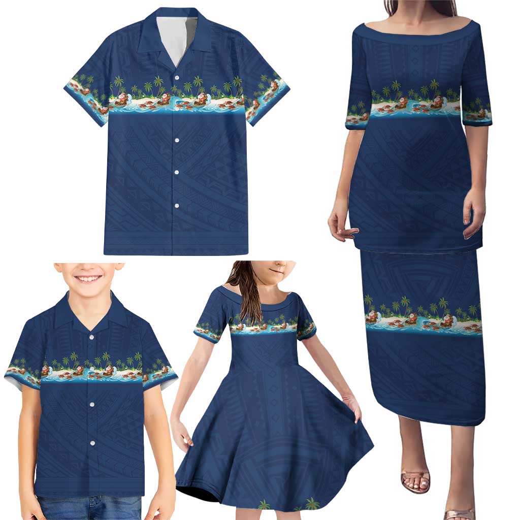 Hawaii Santa Riding Sea Turtle Family Matching Puletasi and Hawaiian Shirt Mele Kalikimaka Polynesian Pattern - Polynesian Pride
