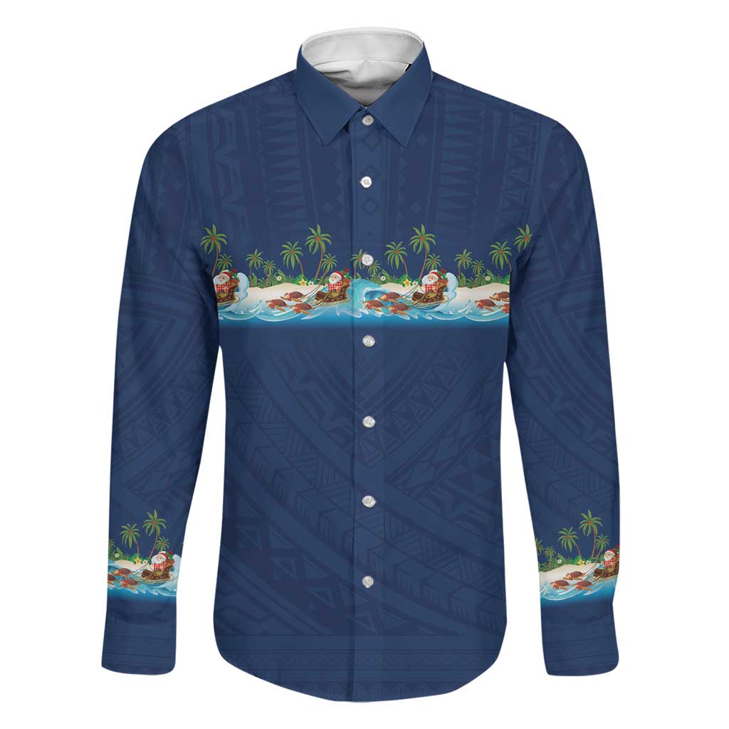 Hawaii Santa Riding Sea Turtle Family Matching Short Sleeve Bodycon Dress and Hawaiian Shirt Mele Kalikimaka Polynesian Pattern LT01 Dad's Shirt - Long Sleeve Blue - Polynesian Pride