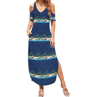 Hawaii Santa Riding Sea Turtle Family Matching Summer Maxi Dress and Hawaiian Shirt Mele Kalikimaka Polynesian Pattern LT01 Mom's Dress Blue - Polynesian Pride
