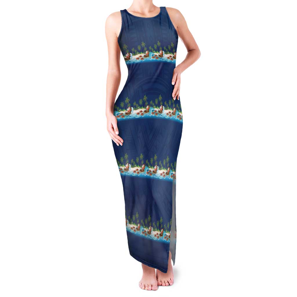 Hawaii Santa Riding Sea Turtle Family Matching Tank Maxi Dress and Hawaiian Shirt Mele Kalikimaka Polynesian Pattern LT01 Mom's Dress Blue - Polynesian Pride