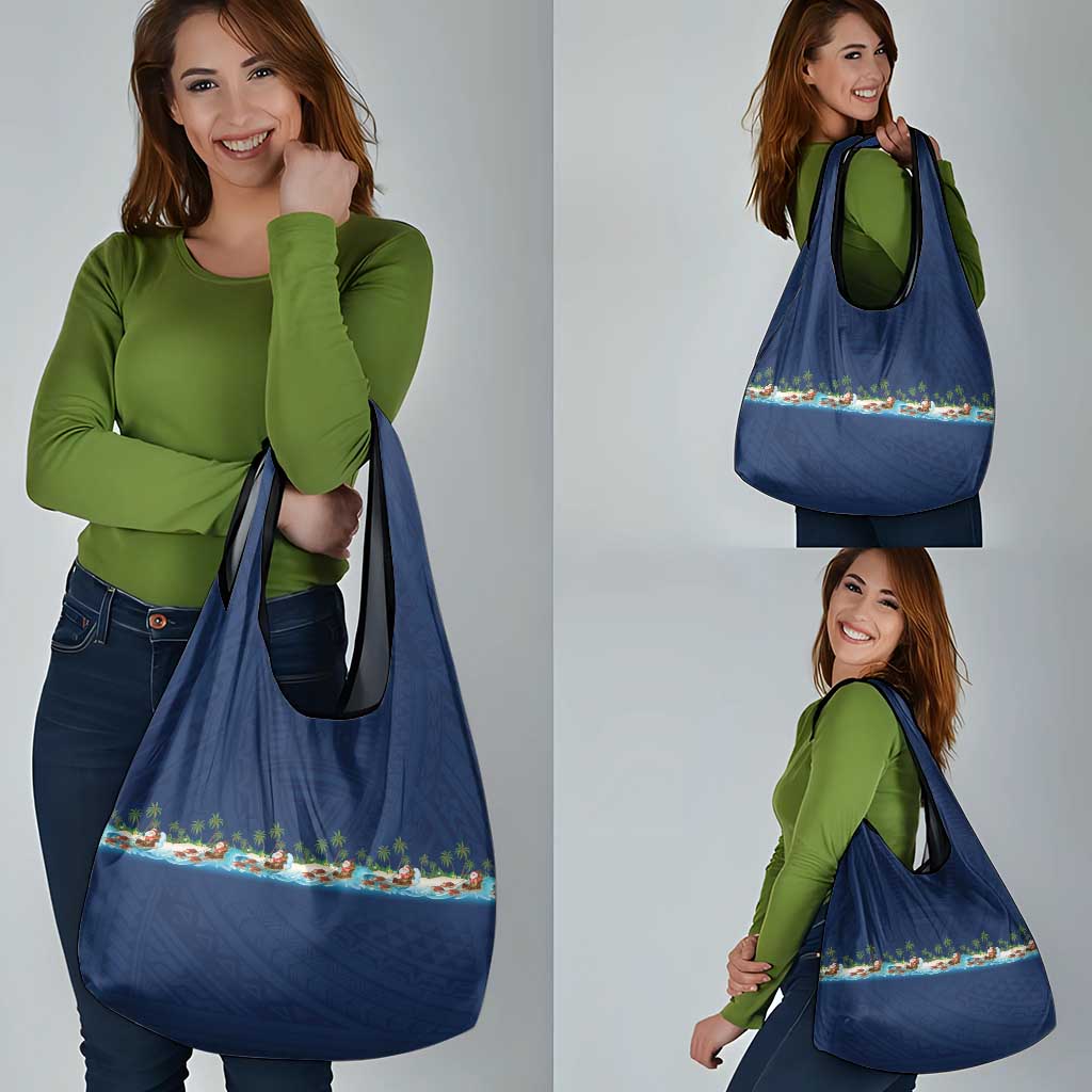 Hawaii Santa Riding Sea Turtle Grocery Bag Mele Kalikimaka Polynesian Pattern - Polynesian Pride