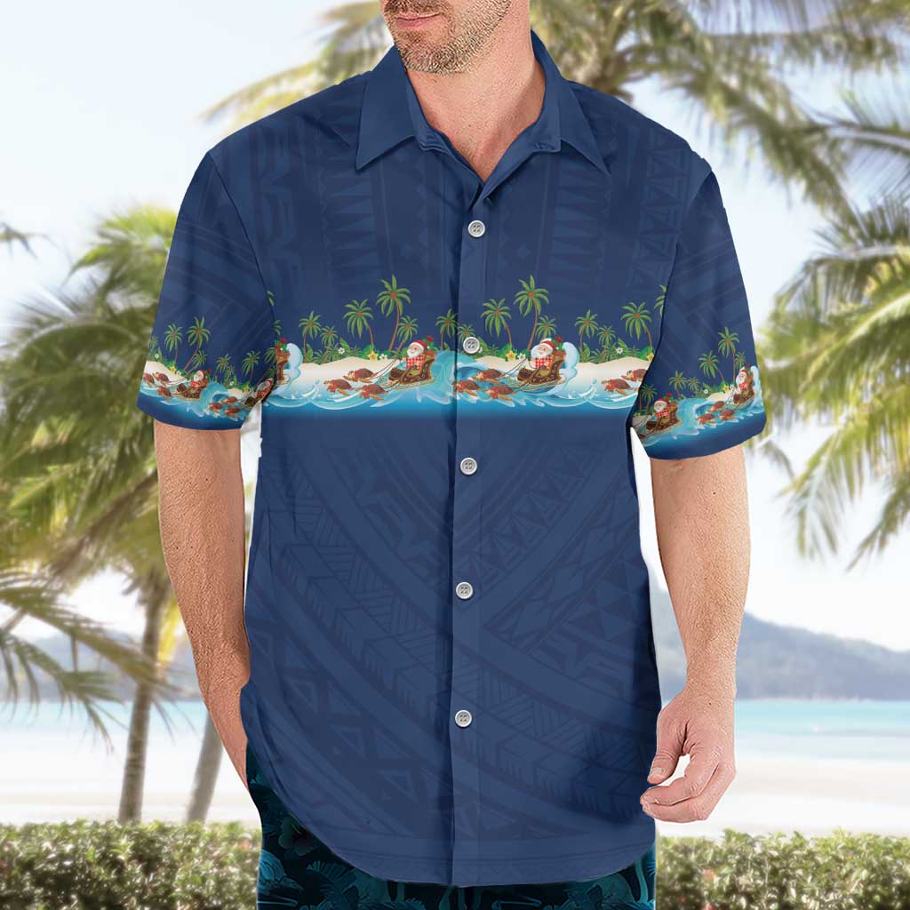 Hawaii Santa Riding Sea Turtle Hawaiian Shirt Mele Kalikimaka Polynesian Pattern - Polynesian Pride