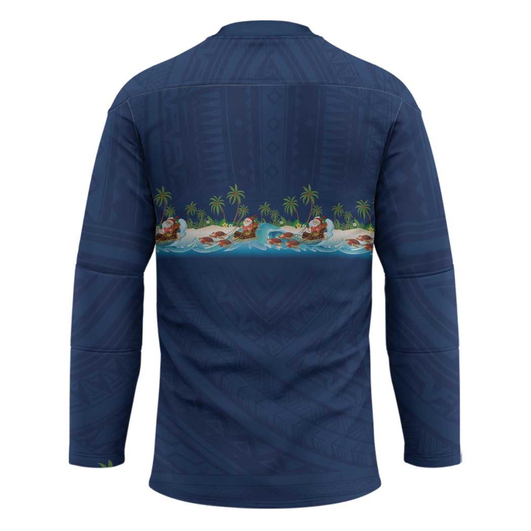 Hawaii Santa Riding Sea Turtle Hockey Jersey Mele Kalikimaka Polynesian Pattern - Polynesian Pride