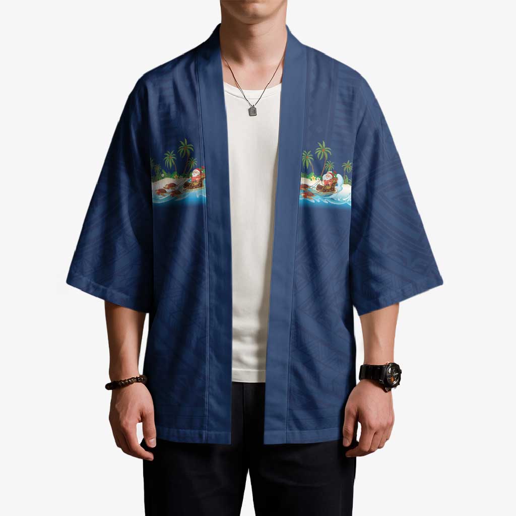 Hawaii Santa Riding Sea Turtle Kimono Mele Kalikimaka Polynesian Pattern - Polynesian Pride