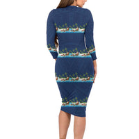 Hawaii Santa Riding Sea Turtle Long Sleeve Bodycon Dress Mele Kalikimaka Polynesian Pattern - Polynesian Pride