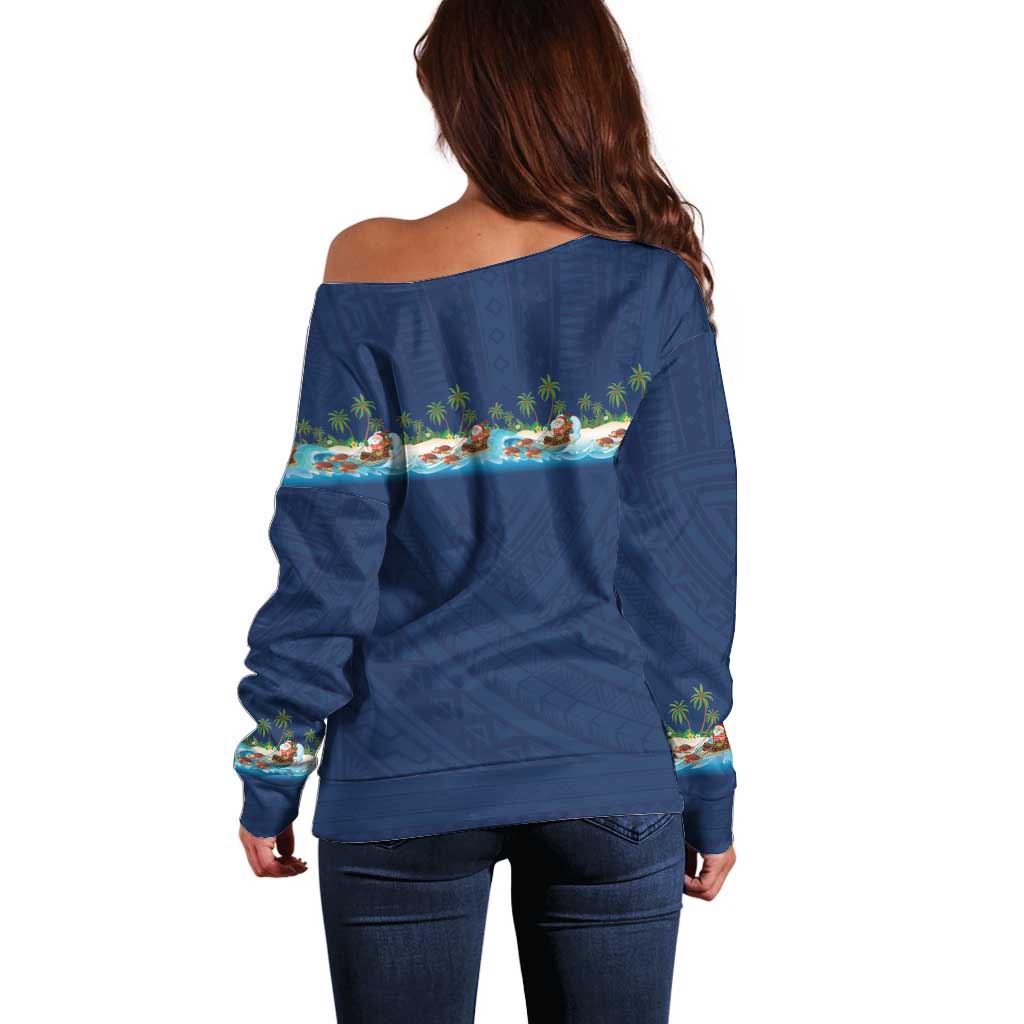 Hawaii Santa Riding Sea Turtle Off Shoulder Sweater Mele Kalikimaka Polynesian Pattern - Polynesian Pride