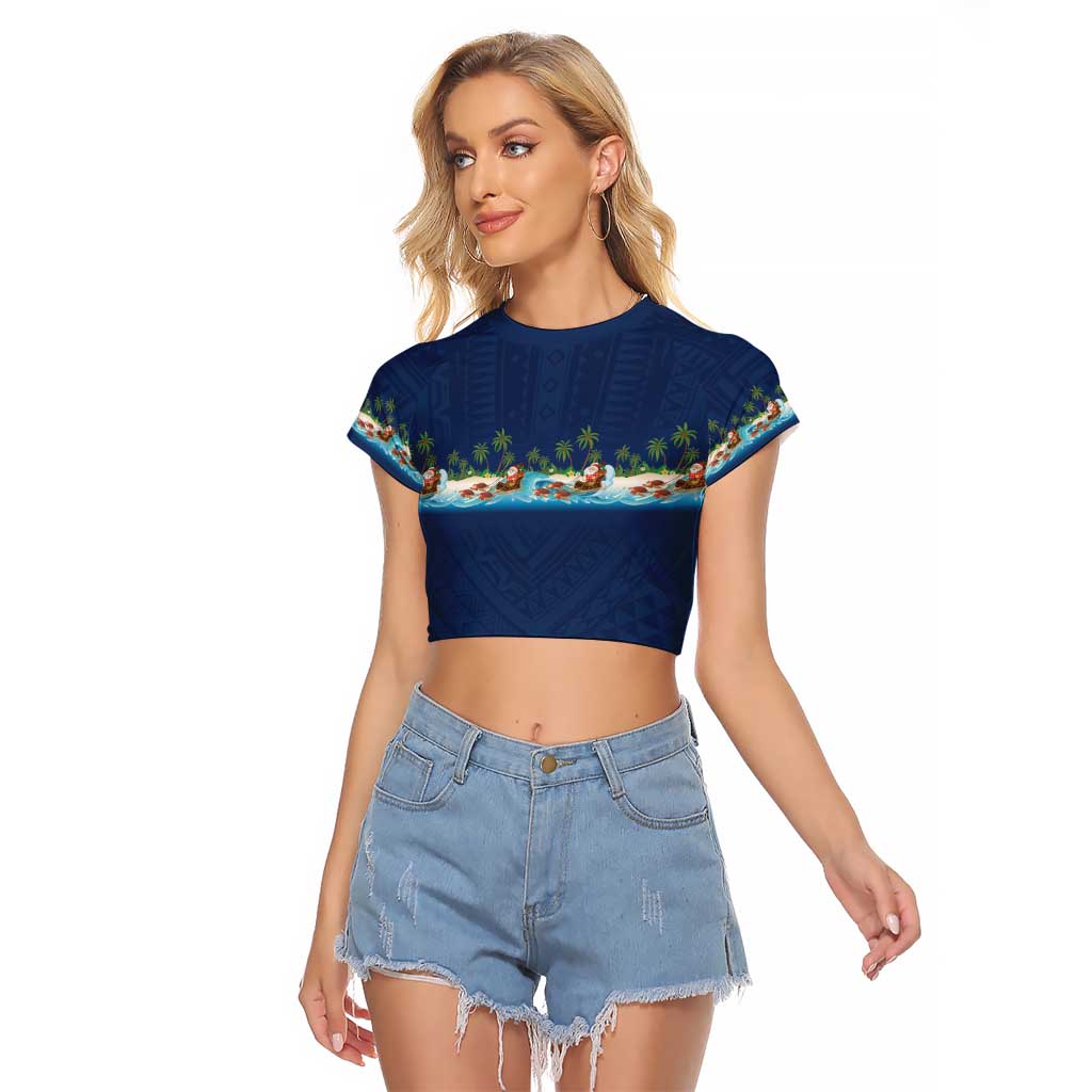 Hawaii Santa Riding Sea Turtle Raglan Cropped T Shirt Mele Kalikimaka Polynesian Pattern - Polynesian Pride