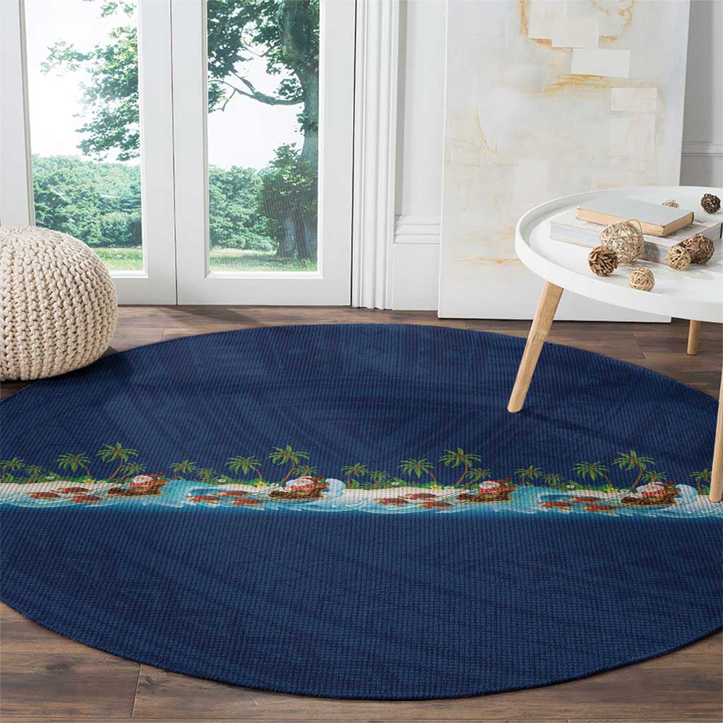 Hawaii Santa Riding Sea Turtle Round Carpet Mele Kalikimaka Polynesian Pattern - Polynesian Pride