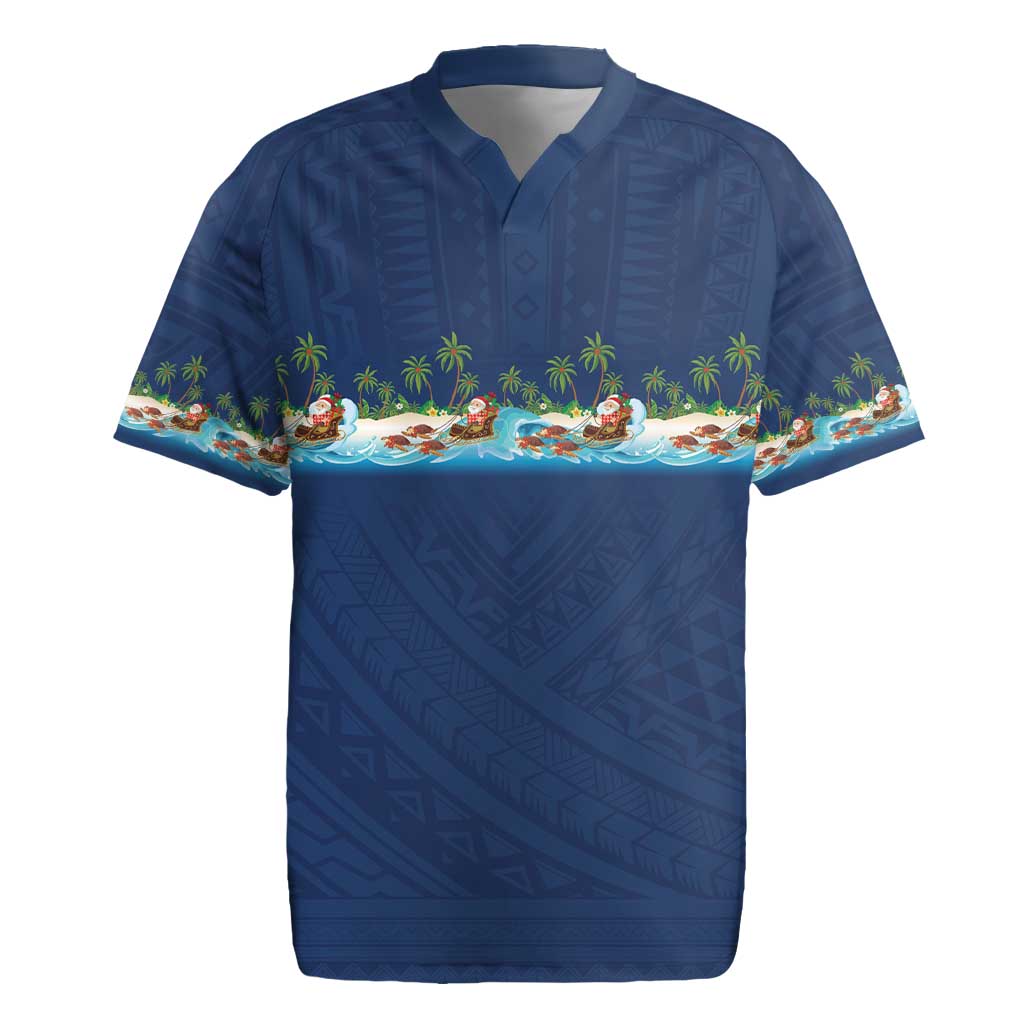 Hawaii Santa Riding Sea Turtle Rugby Jersey Mele Kalikimaka Polynesian Pattern - Polynesian Pride