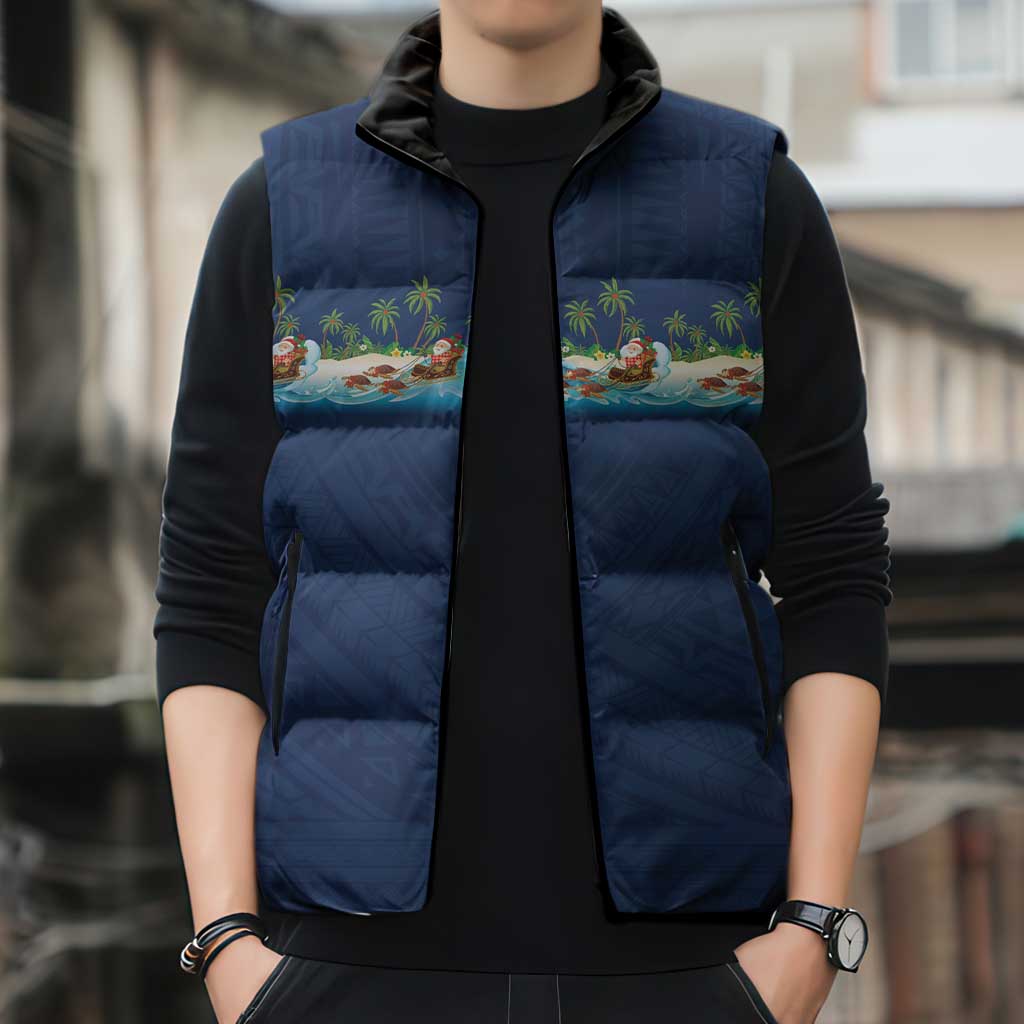 Hawaii Santa Riding Sea Turtle Sleeveless Puffer Jacket Mele Kalikimaka Polynesian Pattern - Polynesian Pride