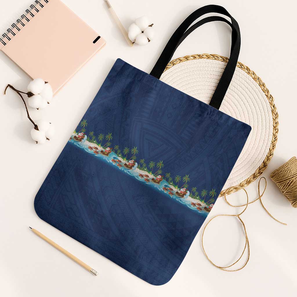 Hawaii Santa Riding Sea Turtle Tote Bag Mele Kalikimaka Polynesian Pattern - Polynesian Pride