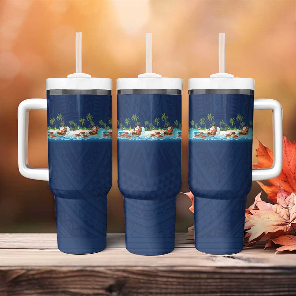 Hawaii Santa Riding Sea Turtle Tumbler With Handle Mele Kalikimaka Polynesian Pattern - Polynesian Pride