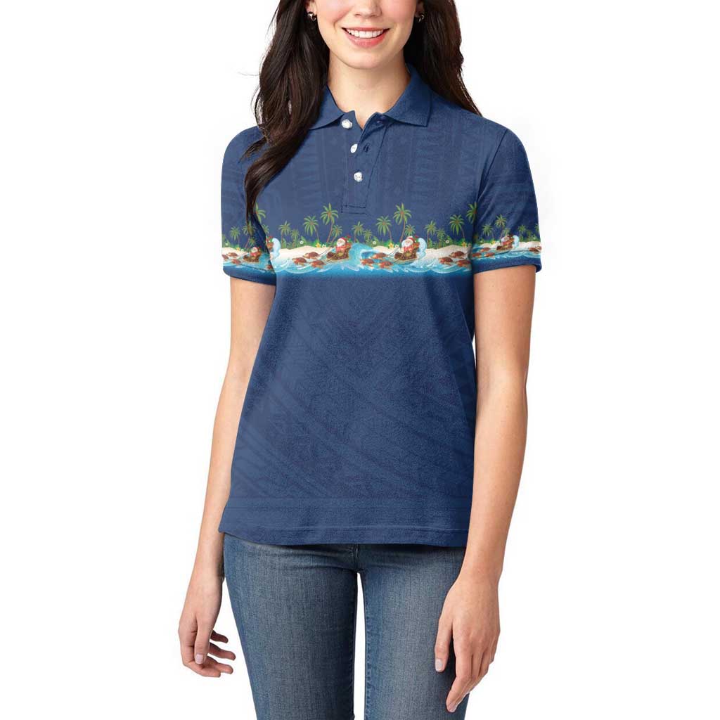 Hawaii Santa Riding Sea Turtle Women Polo Shirt Mele Kalikimaka Polynesian Pattern - Polynesian Pride