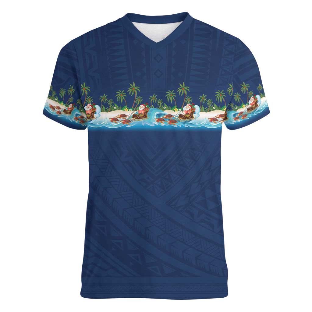 Hawaii Santa Riding Sea Turtle Women V-Neck T-Shirt Mele Kalikimaka Polynesian Pattern - Polynesian Pride