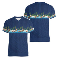 Hawaii Santa Riding Sea Turtle Women V-Neck T-Shirt Mele Kalikimaka Polynesian Pattern - Polynesian Pride