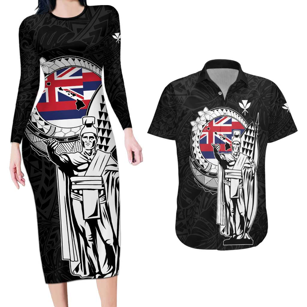 Personalized Hawaii King Kamehameha Couples Matching Long Sleeve Bodycon Dress and Hawaiian Shirt Flag Polynesian Pattern