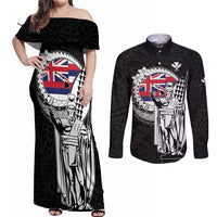 Personalized Hawaii King Kamehameha Couples Matching Off Shoulder Maxi Dress and Long Sleeve Button Shirt Flag Polynesian Pattern