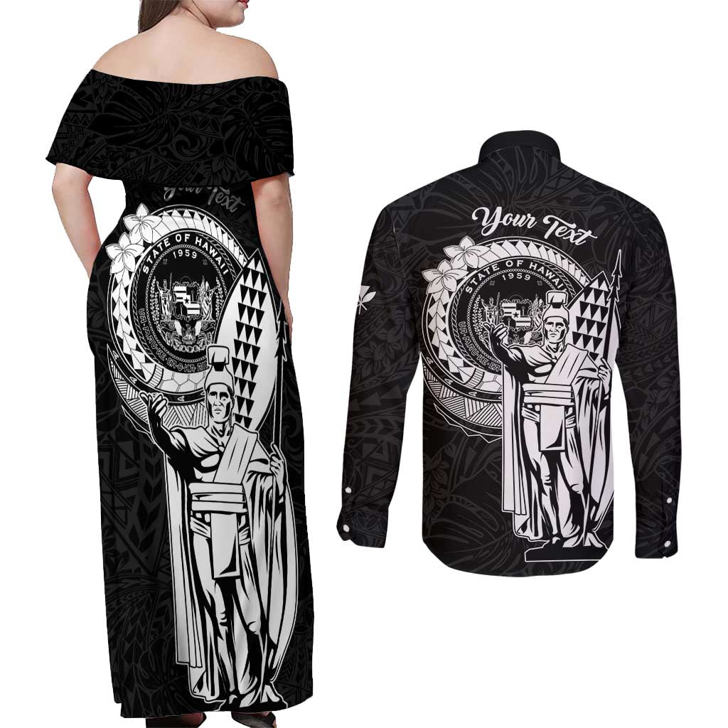 Personalized Hawaii King Kamehameha Couples Matching Off Shoulder Maxi Dress and Long Sleeve Button Shirt Flag Polynesian Pattern