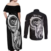 Personalized Hawaii King Kamehameha Couples Matching Off Shoulder Maxi Dress and Long Sleeve Button Shirt Flag Polynesian Pattern