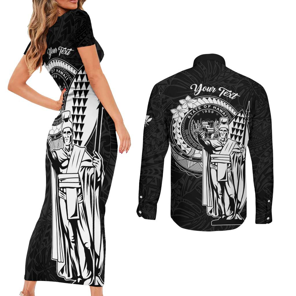 Personalized Hawaii King Kamehameha Couples Matching Short Sleeve Bodycon Dress and Long Sleeve Button Shirt Flag Polynesian Pattern