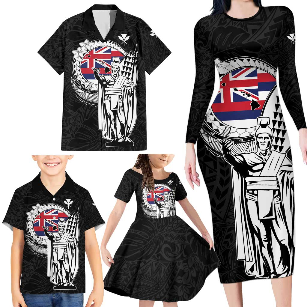 Personalized Hawaii King Kamehameha Family Matching Long Sleeve Bodycon Dress and Hawaiian Shirt Flag Polynesian Pattern