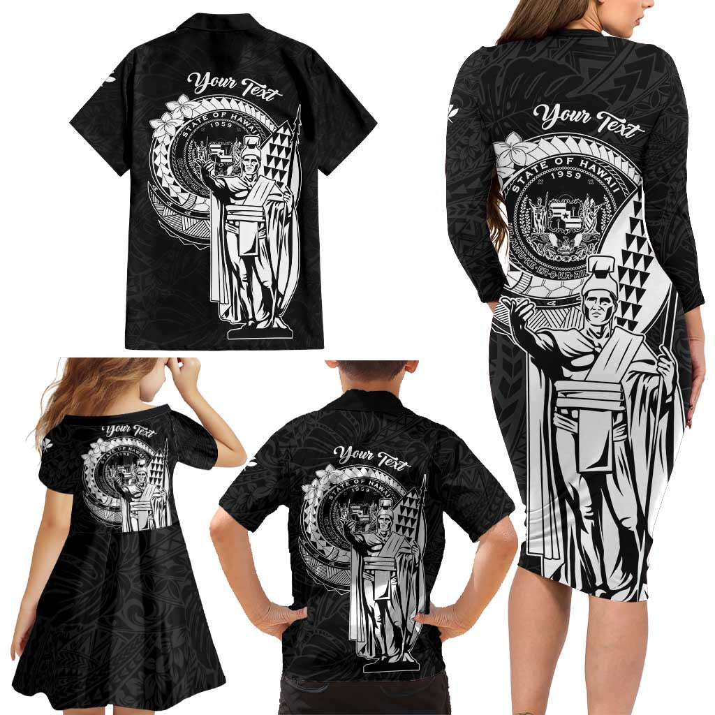 Personalized Hawaii King Kamehameha Family Matching Long Sleeve Bodycon Dress and Hawaiian Shirt Flag Polynesian Pattern