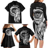 Personalized Hawaii King Kamehameha Family Matching Long Sleeve Bodycon Dress and Hawaiian Shirt Flag Polynesian Pattern