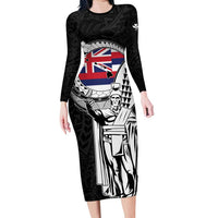 Personalized Hawaii King Kamehameha Family Matching Long Sleeve Bodycon Dress and Hawaiian Shirt Flag Polynesian Pattern