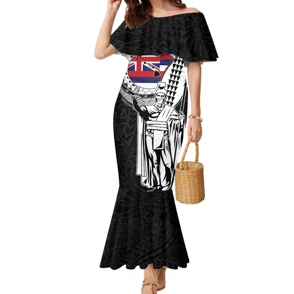 Personalized Hawaii King Kamehameha Family Matching Mermaid Dress and Hawaiian Shirt Flag Polynesian Pattern LT01 Mom's Dress Black - Polynesian Pride